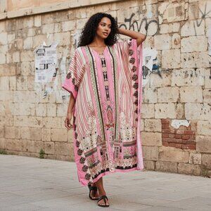 Floral Printed Pink Polyester Plus Size Kimono Kaftan Maxi Dress for Women